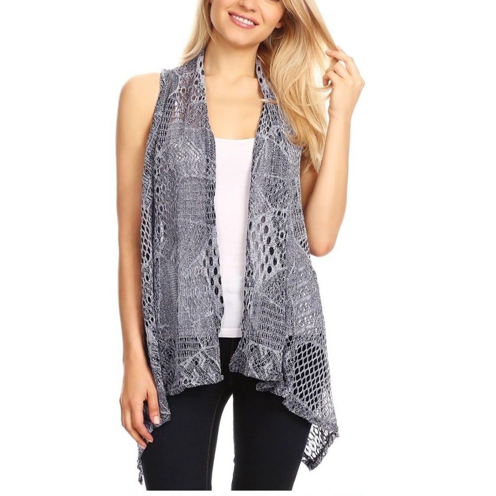 Anna-Kaci Womens Gray Crochet Lace Open Front Vest Sleeveless Boho Lagenlook